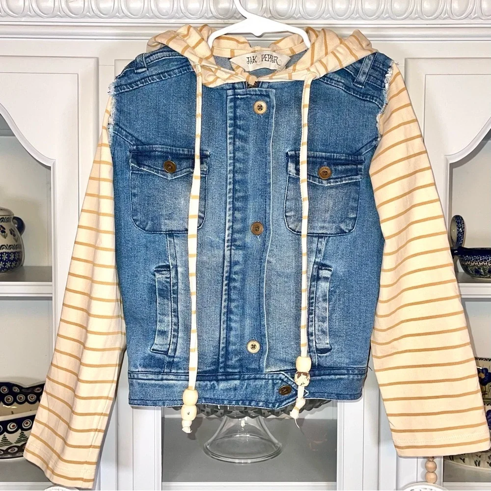 VGUC JAK & PEPPAR girls angel wings denim & knit hooded jean jacket Sz 6​​ - Picture 6 of 8